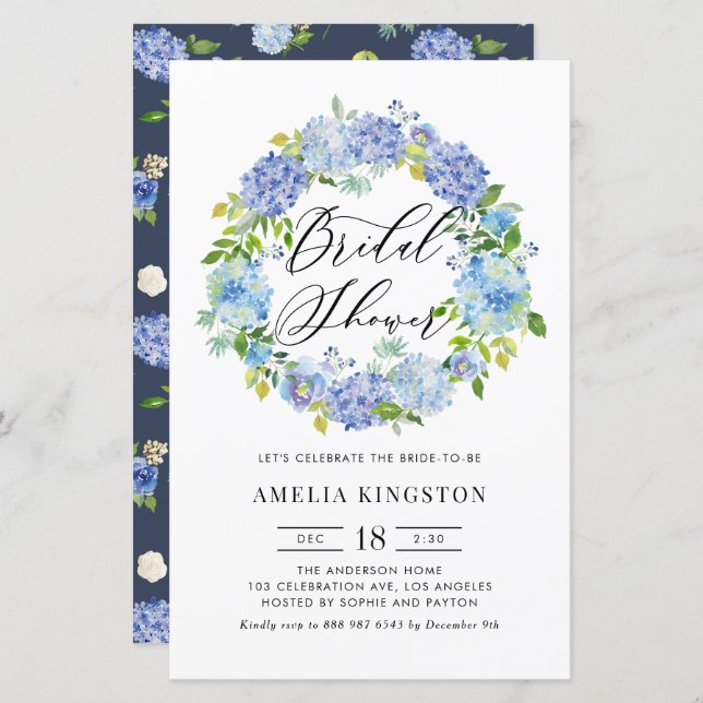Papier Blue Hydrangea Wreath Bridal Show Invitation (Devant / Derrière)
