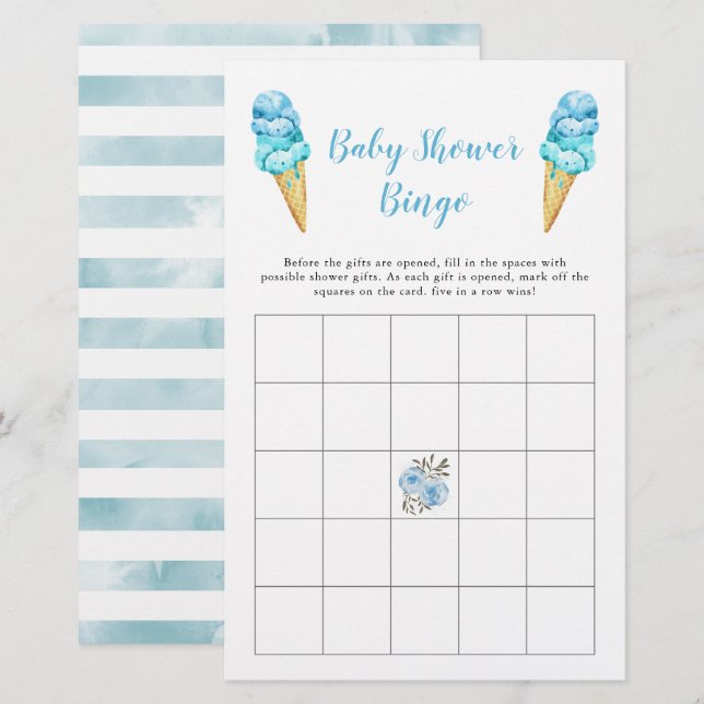 Papier Blue Ice Cream Baby shower Bingo Jeu (Devant / Derrière)