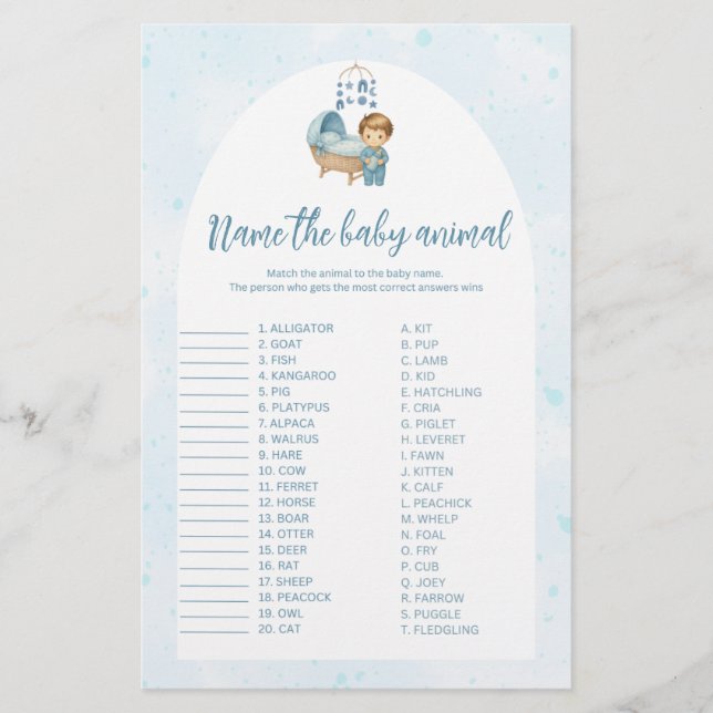 Papier Blue Nursery Nom du bébé animal jeu de baby shower (Devant)