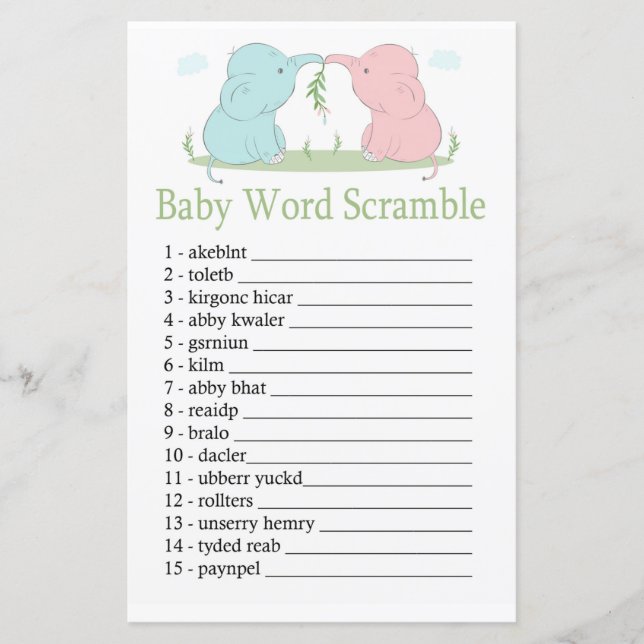 Papier Blue Pink Elephant Baby mot scramble jeu (Devant)