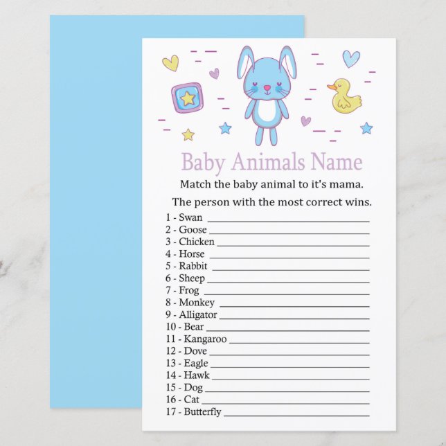 Papier Blue Rabbit Bébé Animaux Nom Jeu (Devant / Derrière)