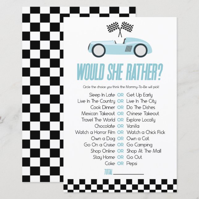 Papier Blue Race Car Voudrait-Elle Plutôt Baby shower Jeu (Devant / Derrière)