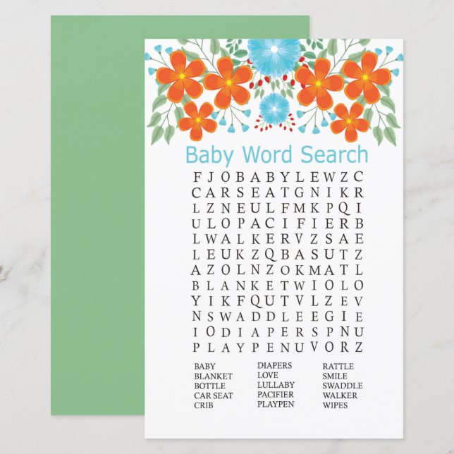 Papier Blue Red Flowers Baby shower Word Recherche Jeu (Devant / Derrière)