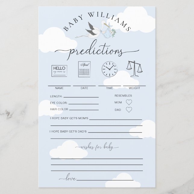 Papier Blue Stork Baby Predictions Jeu (Devant)