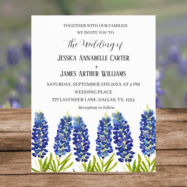 Papier Bluebonnets Texas Aquarelle Mariage Floral (Créateur téléchargé)