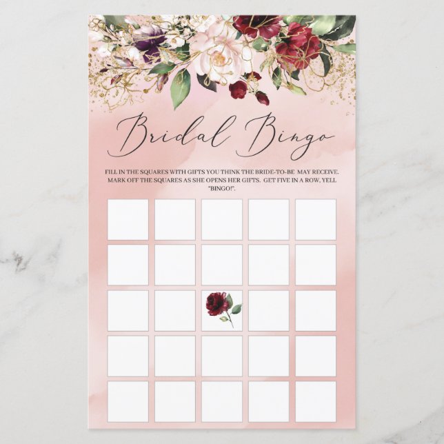 Papier Blush Bourgogne Floral Boho Bride jeu de bingo (Devant)
