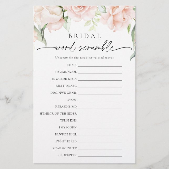 Papier Blush Floral Bridal Mot Scramble Jeu de douche (Devant)