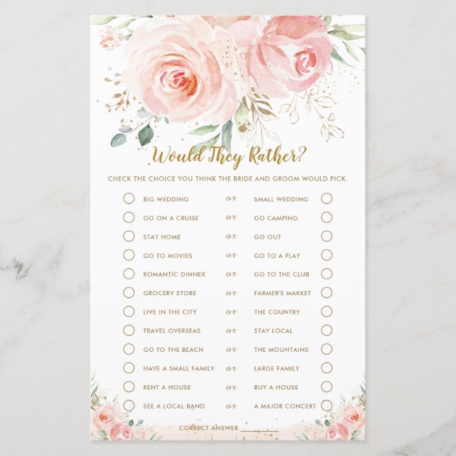 Papier Blush Floral Fête des mariées Voudrait-Ils Plutôt  (Devant)