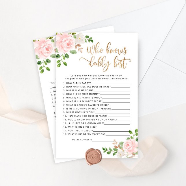 Papier Blush floral Qui connaît papa meilleur baby shower (Créateur téléchargé)