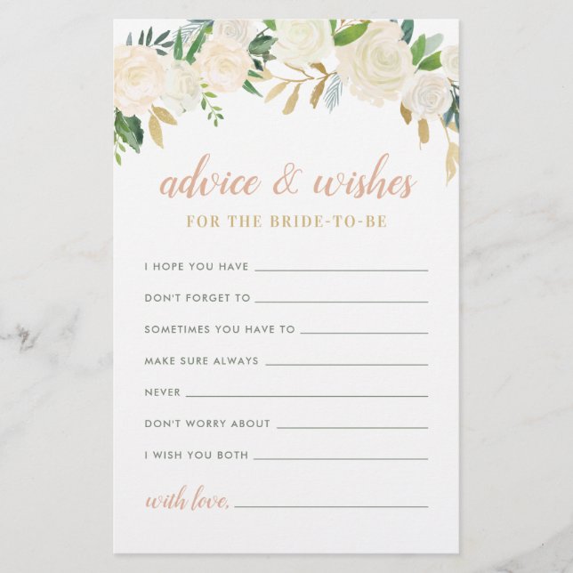 Papier Blush Gold Green Floral Bride Conseils et souhaits (Devant)