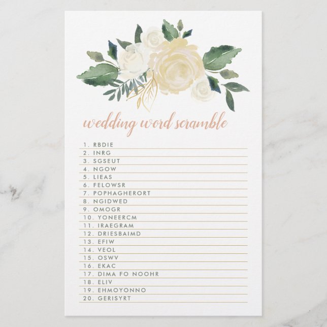 Papier Blush Gold Vert Floral Mariage Mot Jeu Scramble (Devant)