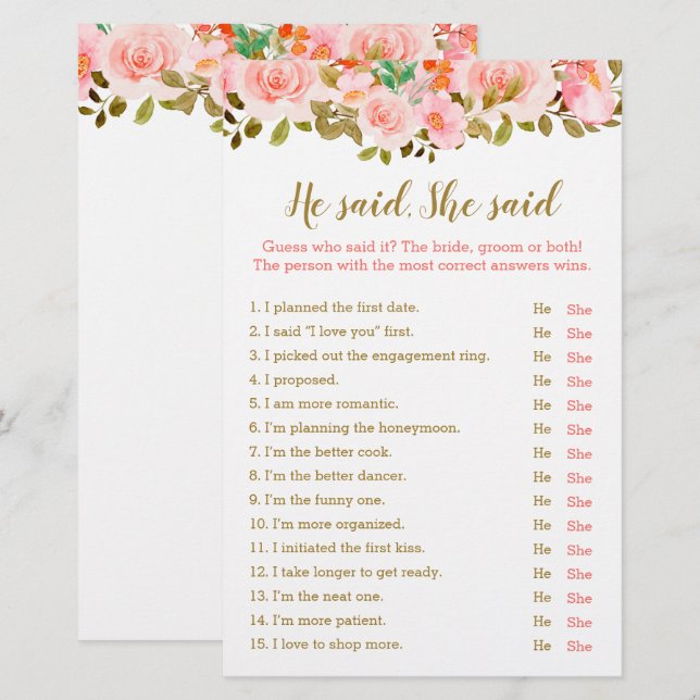 Papier Blush Pink Fête des mariées Il A Dit Qu'Elle A Dit (Devant / Derrière)