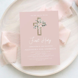Papier Blush Pink First Holy Communion Invitation florale