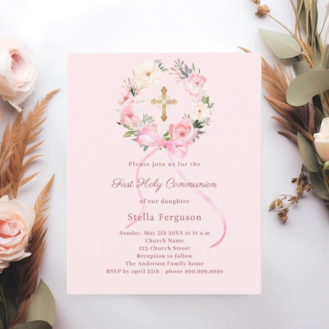 Papier Blush pink florals bow First Communion invitation (Créateur téléchargé)