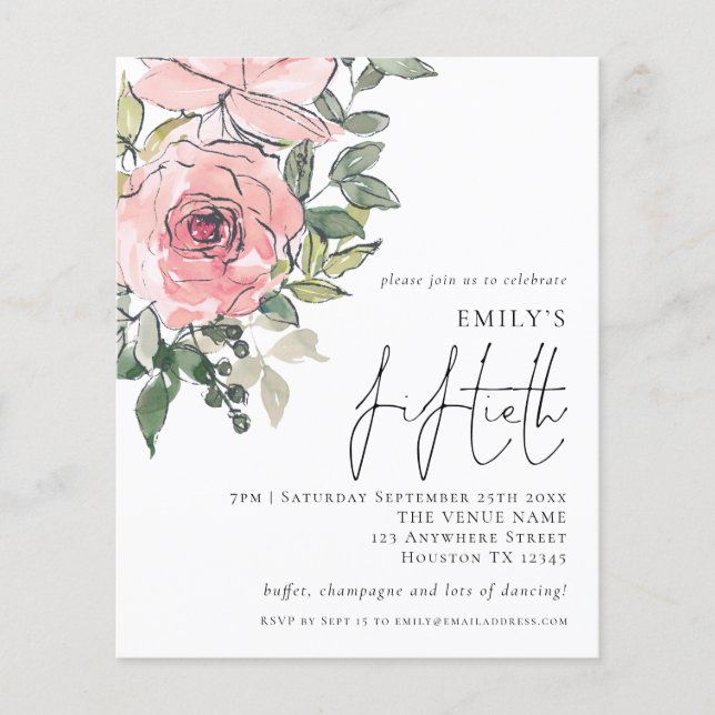 PAPIER Blush Pink Florals Fiftieth Birthday Einlad (Vorne)