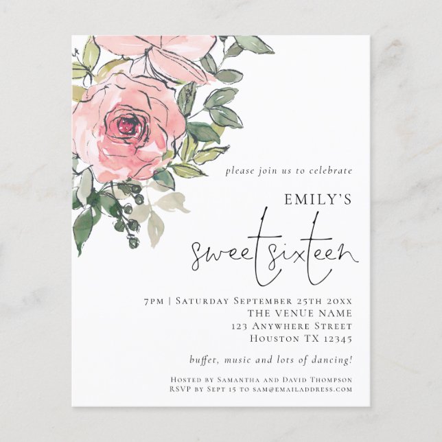PAPIER Blush Pink Florals Sweet 16 Einladung (Vorne)