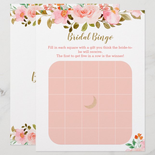 Papier Blush rose Floral douche nuptiale Bingo Jeu (Devant / Derrière)