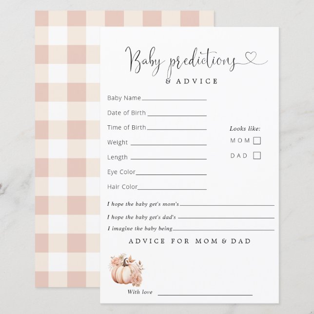 Papier Boho Automne Citrouille Baby shower Prédictions Co (Devant / Derrière)