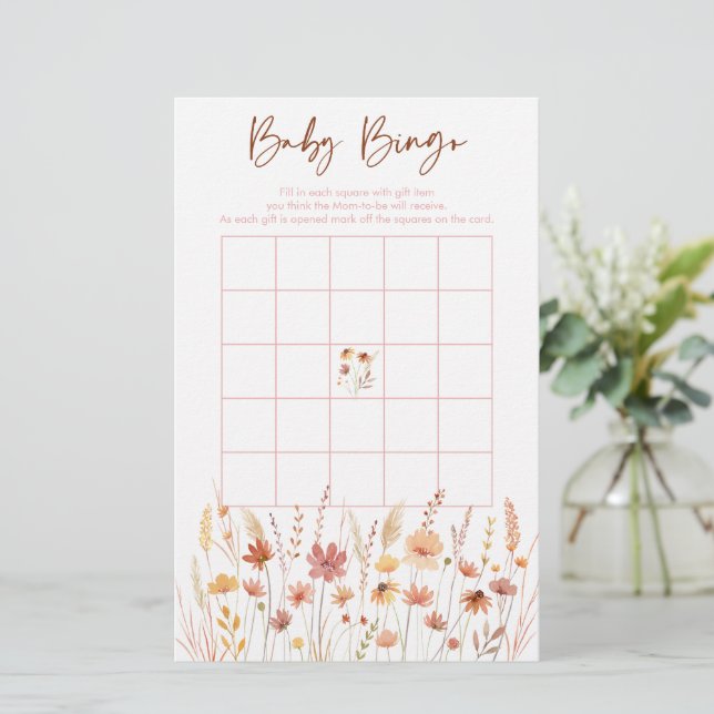 Papier Boho Baby shower Fleur sauvage Jeu de Bingo (Debout devant)