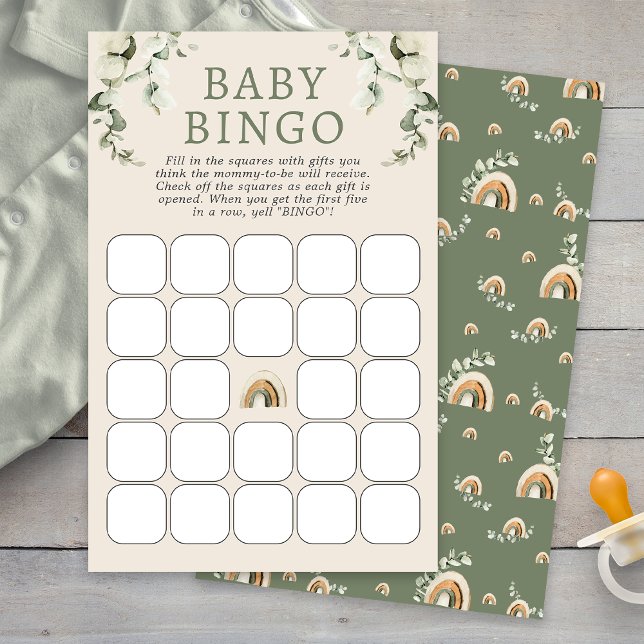 Papier Boho Baby shower Jeu de Bingo (Boho Sage Green Eucalyptus Rainbow Baby Shower Bingo Game by Painted Paperie
)