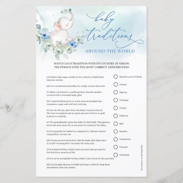 Papier Boho bleu fleurs garçon éléphant Baby Traditions (Devant)