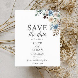 Papier Boho Bleu Poussiéreux Fleurs Beige Save The Date