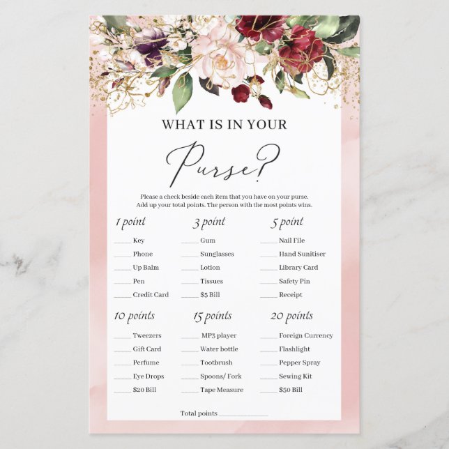 Papier Boho burgundy floral ce qui est dans votre sac (Devant)
