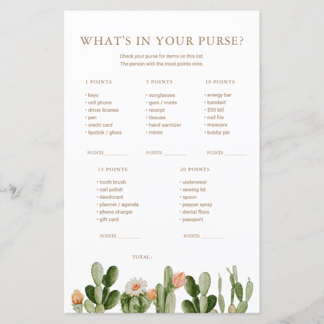 Papier Boho Cactus Baby shower Ce qui est dans votre sac (Devant)