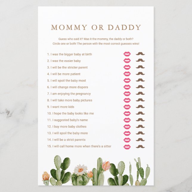 Papier Boho Cactus Baby shower maman ou papa jeu (Devant)