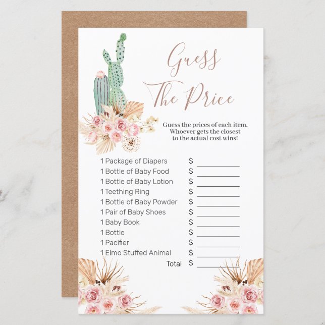 Papier Boho Cactus rose Floral Devinez le prix Jeu (Devant / Derrière)