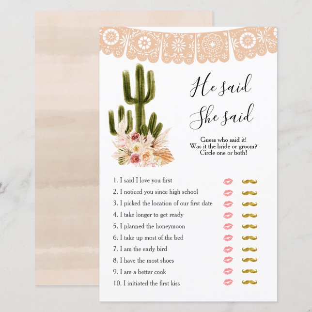 Papier Boho Cactus Taco à propos de l'amour Il a dit Elle (Devant / Derrière)