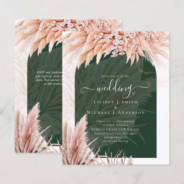Papier Boho Coral Pampas Grass Green Mariage (Devant / Derrière)