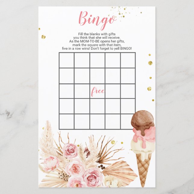 Papier Boho crème glacée Fleurs roses baby shower Bingo J (Devant)