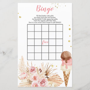 Papier Boho crème glacée Fleurs roses baby shower Bingo J