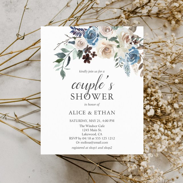 Papier Boho Dusty Blue Beige Fleurs Couples Douche (Créateur téléchargé)