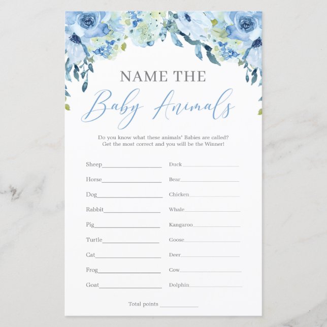 Papier Boho Dusty Blue Floral Nom Les Bébés Animaux (Devant)