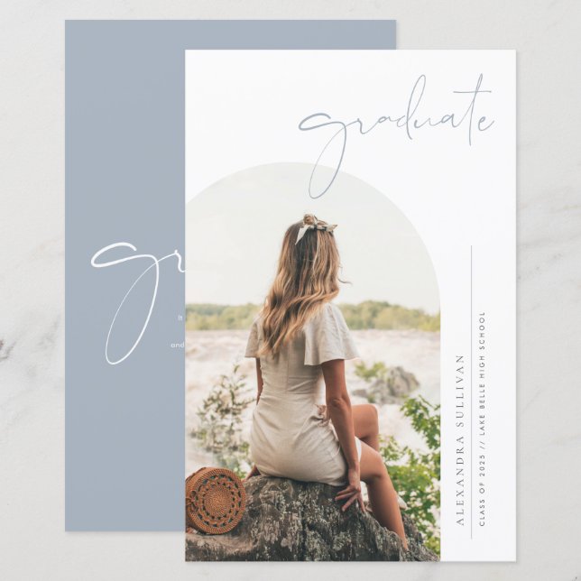 Papier Boho Dusty Blue Minimalist Arch Photo Graduation (Devant / Derrière)