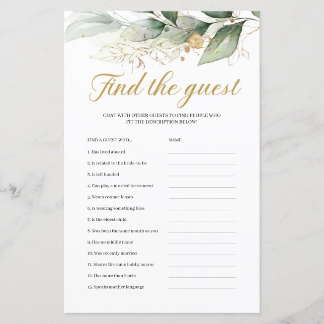 Papier Boho en or d'eucalyptus vert trouver le jeu d'invi (Devant)