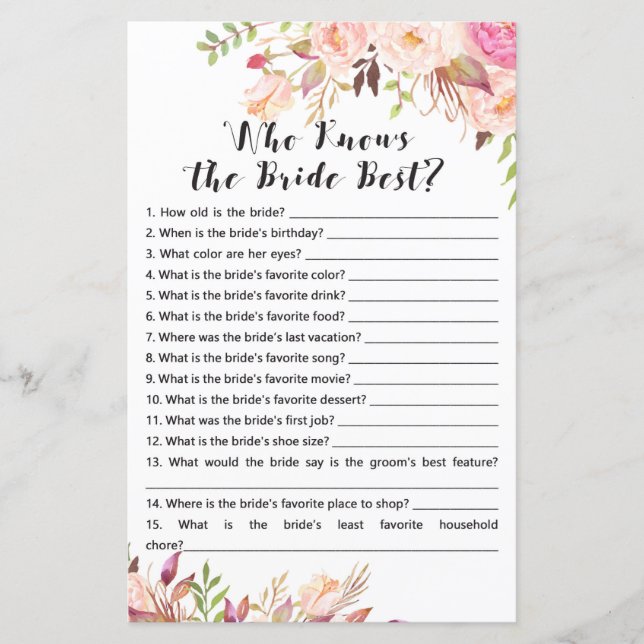 Papier Boho Fête des mariées Game - Qui connaît mieux la  (Devant)