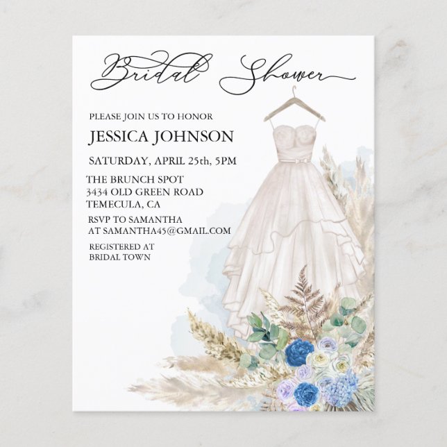 Papier Boho Fête des mariées Mariage robe aquarelle bleu (Devant)