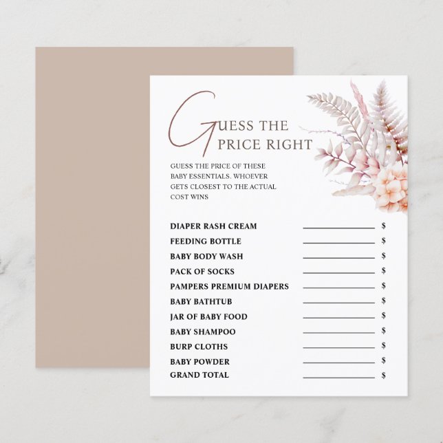 Papier Boho Floral Baby shower Devinez Le Prix Bon Jeu (Devant / Derrière)