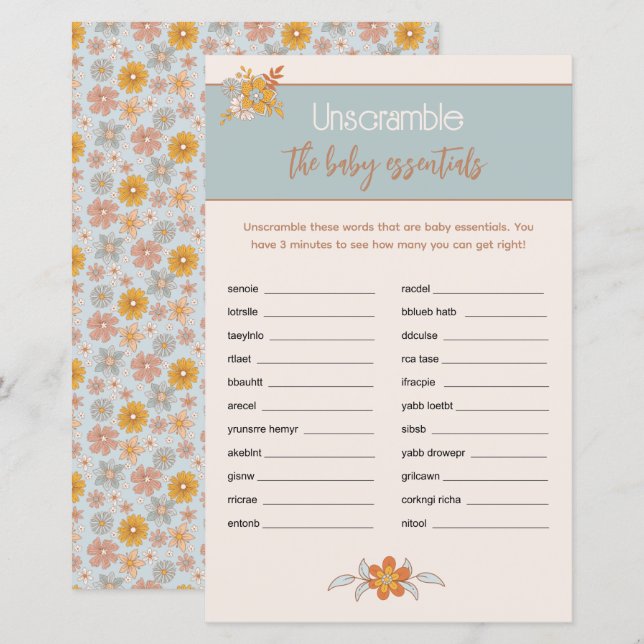 Papier Boho Floral Baby shower Word Scramble Jeu (Devant / Derrière)