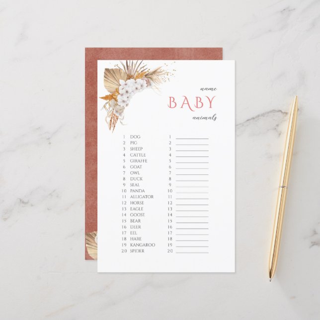 Papier Boho Floral Nom Bébé Animaux Baby shower Jeu (Devant/Arrière en situation)