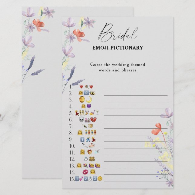 Papier Boho floral nuptiale douche émoji jeu pictionnaire (Devant / Derrière)