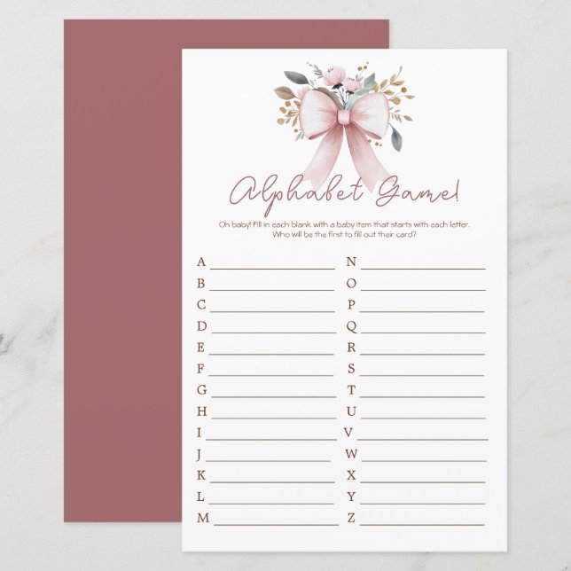 Papier Boho Floral rose Bow Girl Baby shower Alphabet (Devant / Derrière)
