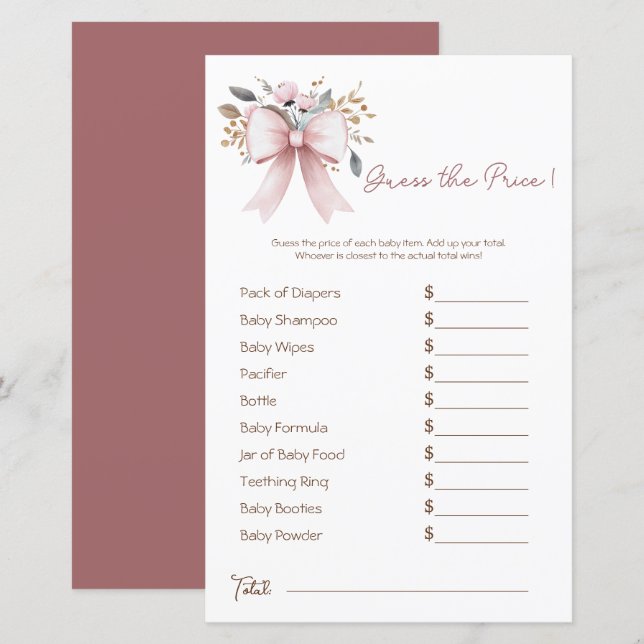 Papier Boho Floral Rose Bow Girl Baby shower Prix Guess (Devant / Derrière)