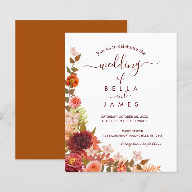 Papier Boho Foliage Floral Terracotta Faire-part de maria (Devant / Derrière)