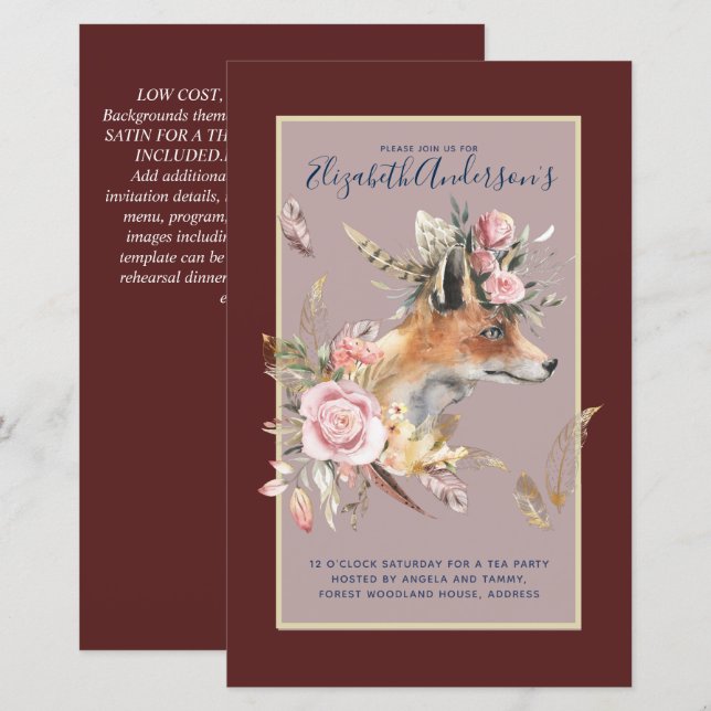 Papier Boho FOX Fête des mariées Plumes de bois Floral (Devant / Derrière)