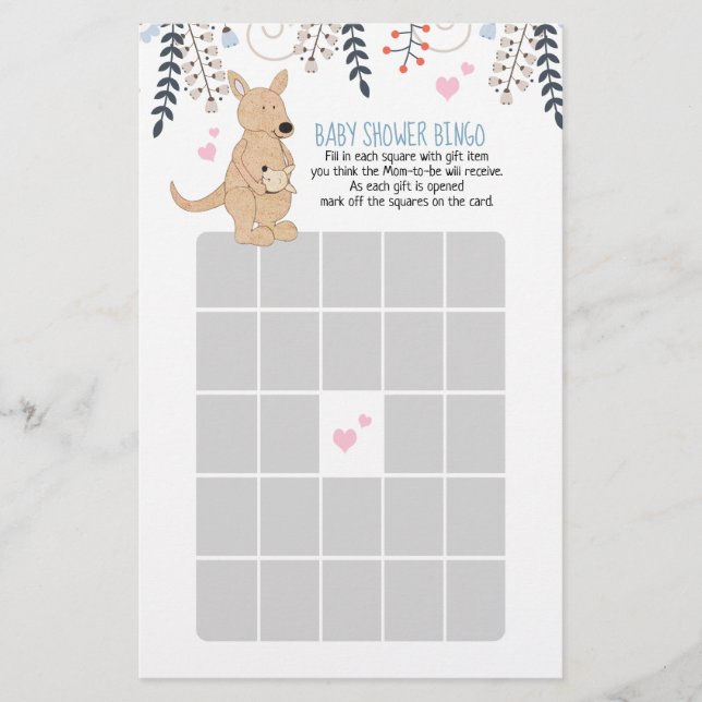 Papier Boho Kangaroo Boy Baby shower Jeu de Bingo (Devant)