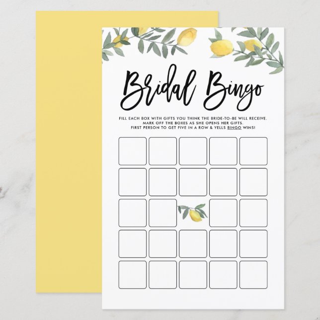 Papier Boho Lemon Summer Fête des mariées Bingo Game Card (Devant / Derrière)